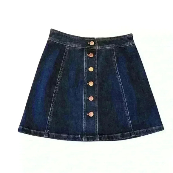 Madewell Stretch Denim Button Front A Line Mini Skirt Size 10 Retro Dark Wash - Picture 2 of 6